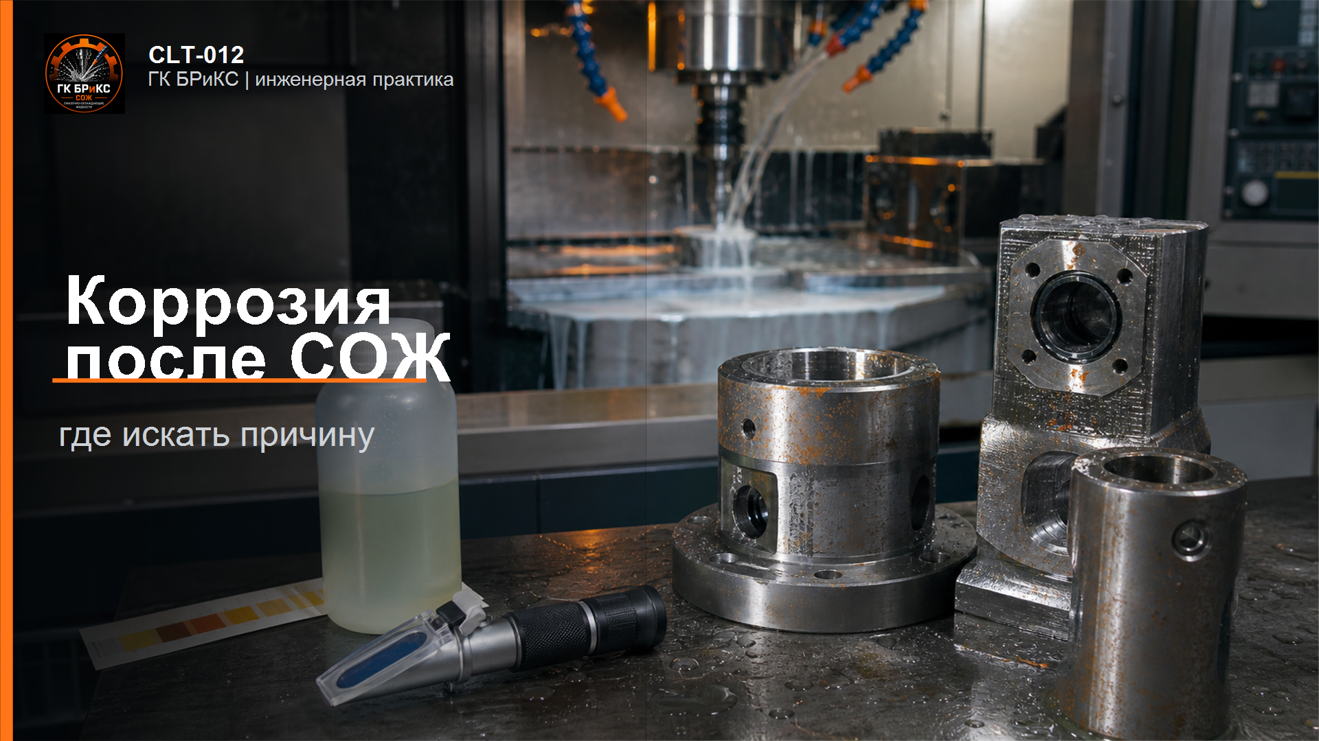Деталь после металлообработки с пятнами коррозии рядом с баком СОЖ и инструментом контроля