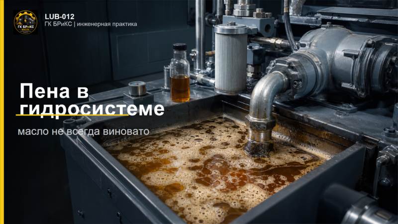 Гидравлический бак с пеной на масле рядом с насосом и фильтром промышленной гидросистемы